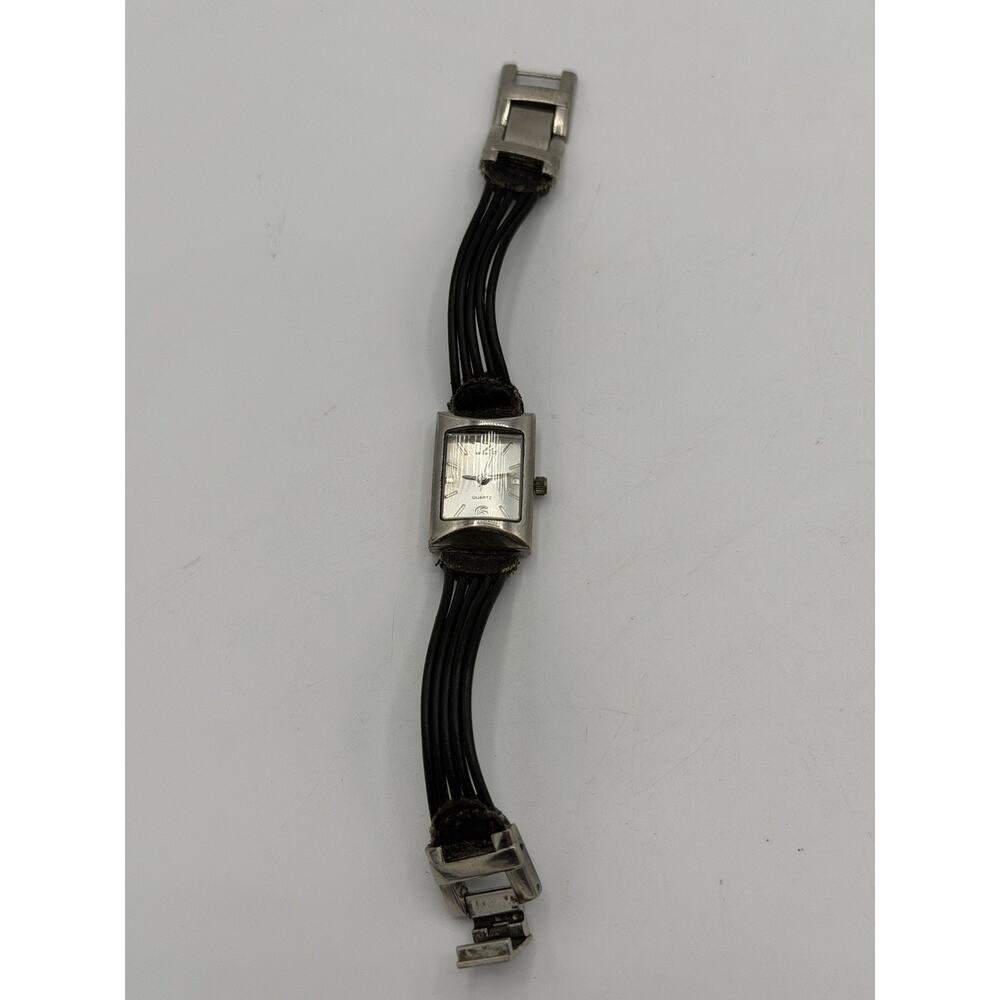 VINTAGE LADIES SQUARE SILVER WATCH SILVER DIAL w/BLACK LEATHER BAND For Parts